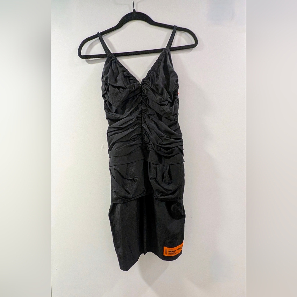 Heron Preston Black Nylon Ruched Mini Dress With Cargo Pockets